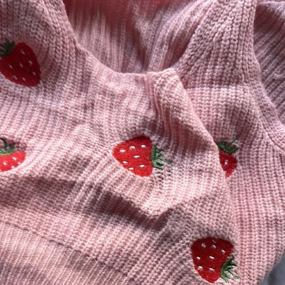 SheIn Embroidered Strawberry Knit sleeveless Women’s Top Western pink shirt sz S